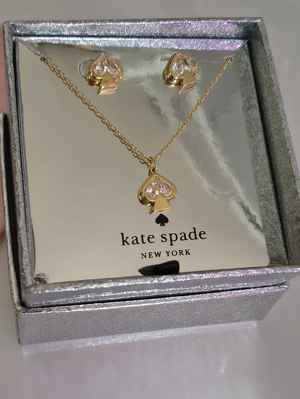 Kate Spade Gold And Cubic Zirconia Spade Pendant Necklace and Earrings W/ Dusty - Picture 2 of 3